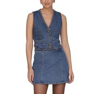 Avec Les Filles Women Blue Highside Wash Denim Braided Casual Trim Vest Size L